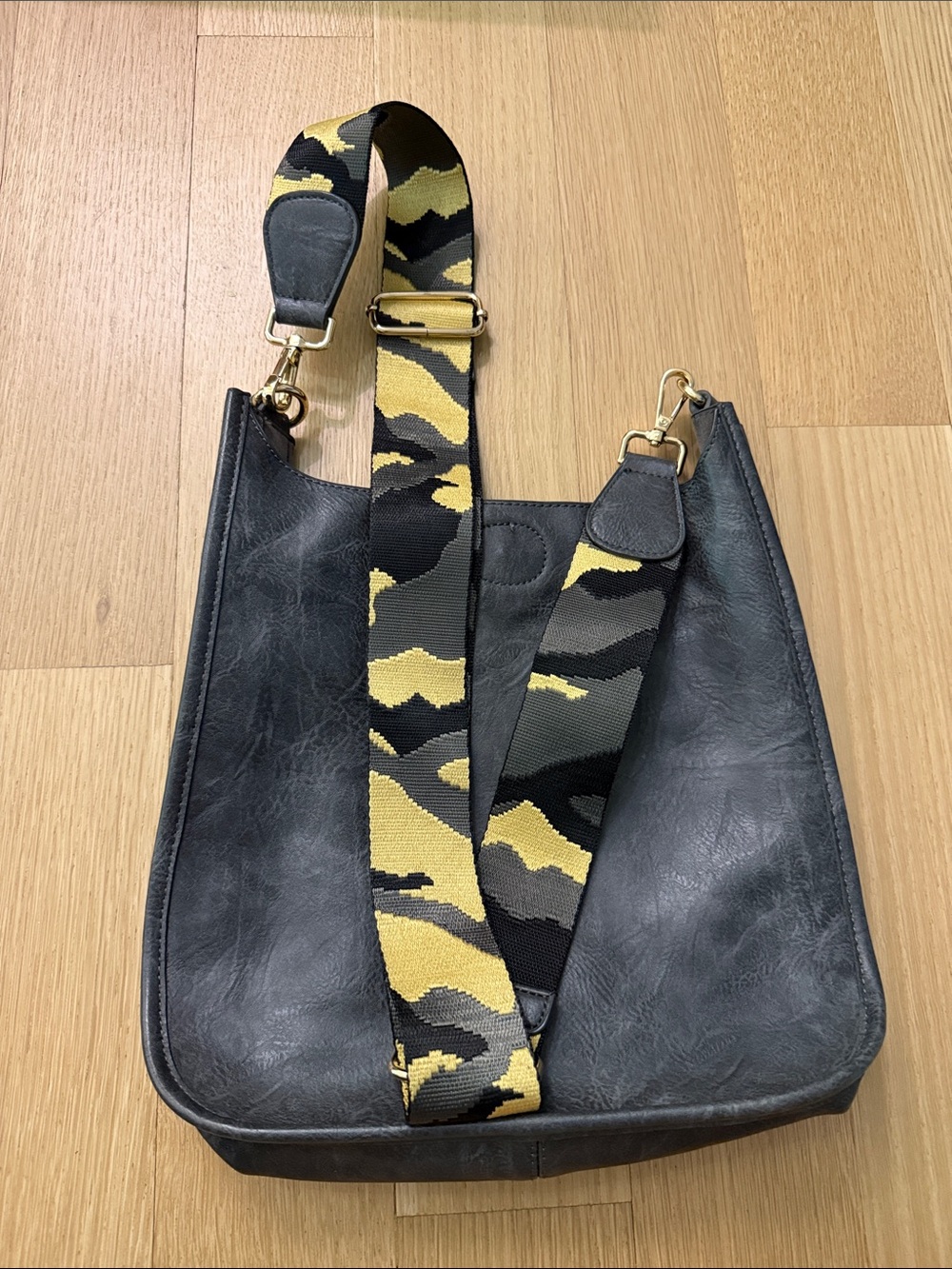 Women’s Dark Gray Leather Crossbody with Yellow Camo Strap